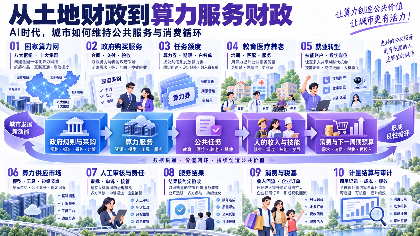 Chinese blueprint of China’s integrated compute network showing hubs, scheduling, green energy, data security, and public tasks
