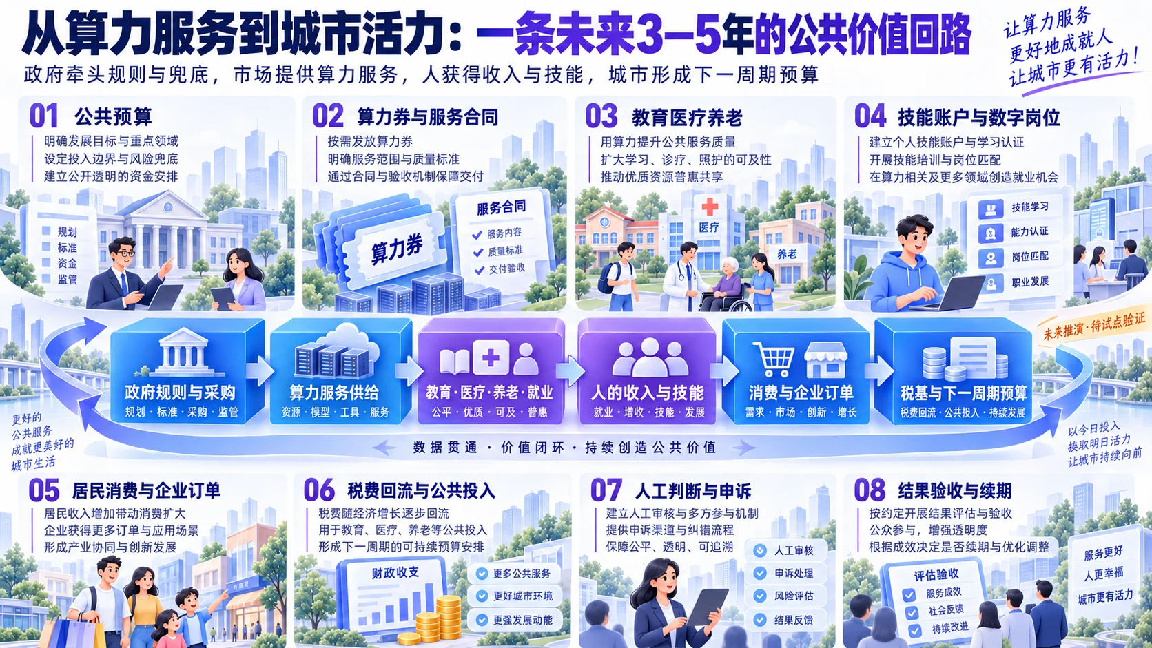 Three-to-five-year future city compute-service fiscal loop connecting government service purchases, public tasks, household income, consumption, tax base, and the next budget cycle